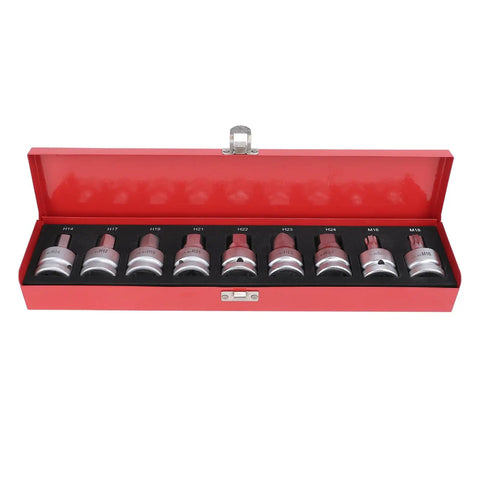 Pro Shop Grade Three Quarter Inch Drive Impact Hex Driver Socket Set Built Like A Beast With Chrome Moly Steel Includes Nine Pieces 14mm To 24mm Plus M16 M18 Spline Bits For Rig Ready Truck Hub Axle Service in red case.
