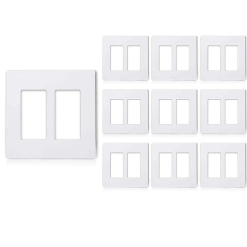 10 Pack 2 Gang Screwless Decorative Wall Plate Covers White For Standard Size Outlets And Light Switches Fits Indoor Dimmers Timers UL Listed