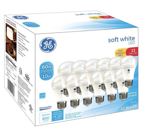 Soft White LED Light Bulbs 60W Replacement, Dimmable, 800 Lumens, Only 10W, Mercury Free, Long Lasting, Energy Saving For Home Lighting, General Purpose Bulbs, 12 Pack on retail packaging