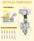 Detailed dimensions of 30 Pack Heavy Duty Full Overlay Soft Close Cabinet Hinges showing 105° opening and included screws.