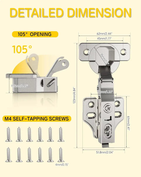 Detailed dimensions of Full Overlay Soft Close Cabinet Hinges 20 Pack with M4 self-tapping screws for easy installation.