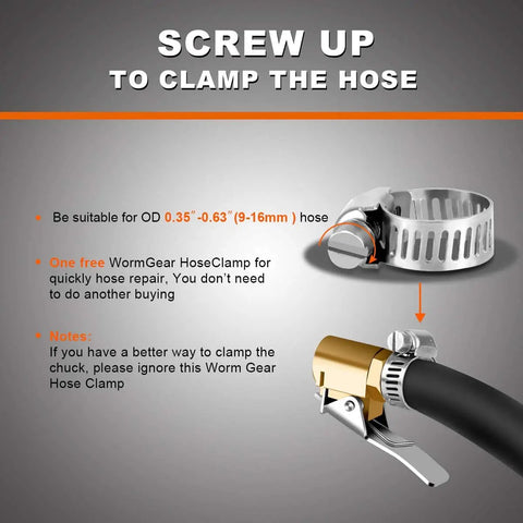 Brass Tire Inflator With Lock On Air Chuck And One Quarter Inch Barbed Hose End For Quick Hose Repairs Portable Mini Compressor Kit Open Flow With Hands Free Inflation 2 Pack shown with a hose clamp for secure connection.
