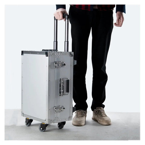 Rugged Alloy Toolbox With Built In Handle And Rolling Trolley, Portable Hard Case For Tools And Gear shown with wheels and handle
