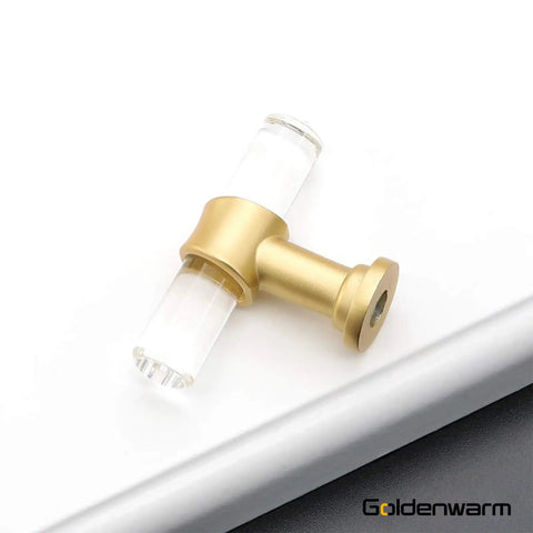 Snazzy Clear Acrylic Cabinet Knobs 20 Pack With Gold Finish For Kitchen Cabinets And Dressers Two Inch Pull Length Single Hole Half Inch Diameter One And One Third Inch Height Zinc Alloy Base Hardware