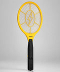 Front view of powerful handheld bug zapper, yellow racket with black handle, 17-inch size, for home and outdoors use, includes 2 AA batteries