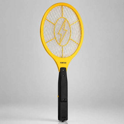 Front view of powerful handheld bug zapper, yellow racket with black handle, 17-inch size, for home and outdoors use, includes 2 AA batteries