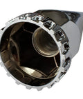 Close-up of a spiked chrome lug nut cover, showing interior threading, part of a 33mm Chrome ABS Plastic Screw On Spiked Lug Nut Covers Pack Of Twenty For Wheels Durable Chrome Finish Fits 33mm Nuts Easy Install Premium Wheel Rim Accessory Cars Trucks SUVs