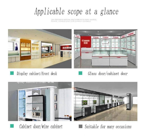 Applications of 90 degree glass door hinge for display cabinets, glass doors, wine cabinets, and versatile installations.