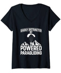 Black V neck tee with 'Easily Distracted By Powered Paragliding' design featuring mountains and paraglider graphic.