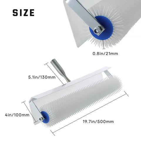 Spike Roller 19x1 Inch Spiked Screeding Roller For Self Leveling Epoxy Floors Smooths Bubbles And Level Surfaces Splash Guard Defoaming Roller For Concrete And Floor Leveling size dimensions.