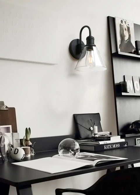 Retro Industrial Wall Sconce Light With Clear Glass Funnel Shade And Gooseneck Curve In Black Finish for modern home office.