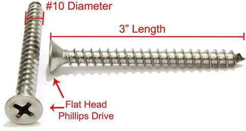Size 10 By 3 Inch Flat Head Phillips Wood Screws, 25 Pack, 304 Stainless Steel, Corrosion Resistant, Heavy Duty Fasteners