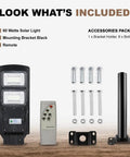 60W Solar Street Light Outdoor With 6000 Lumens LED Flood Brightness packaging with brackets, bolts, and remote control.