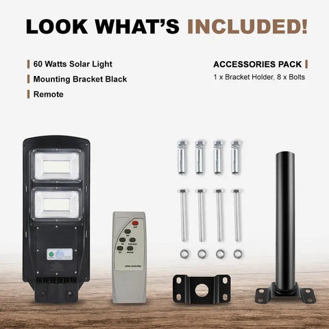 60W Solar Street Light Outdoor With 6000 Lumens LED Flood Brightness packaging with brackets, bolts, and remote control.
