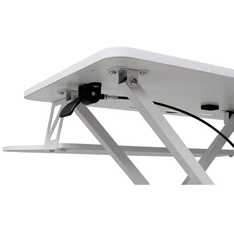 Underside view of Sit To Stand Computer Desk With Pull Out Keyboard Tray showing height adjustment lever and steel frame.