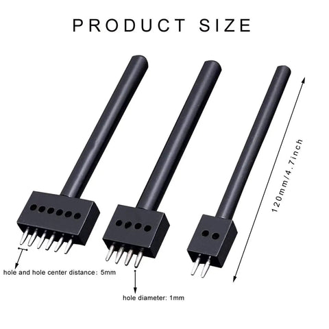 3 Piece 5mm Leather Hole Punch Set With 2 4 6 Prongs shown in size chart with 1mm hole diameter and 5mm center distance
