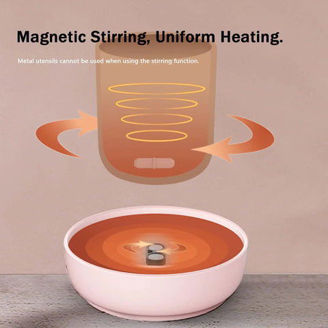 Electric Cup Warmer With Auto Shut Off Timer And Dual Temp Control Keeps Your Morning Brew Cozy On Your Desk With A Bright LED Display, showing magnetic stirring feature in action.