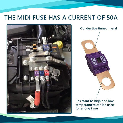 Rugged 3 Pack Ami Midi Fuse 200 Amp Bolt On Terminal universal installed on battery, showcasing heat resistant insulators.