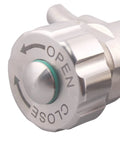 Front view of stainless steel beer sampling valve with green gasket and 1.5-inch tri-clamp end.