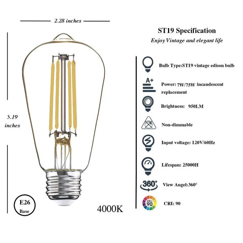 LED Light Bulbs 75 Watt Equivalent 7W Equals 75W 850 Lumen Daylight 4000K Vintage Style E26 Base Non Dimmable 12 Pack Energy Saving Bright Ambient Lighting For Home And Office with ST19 bulb dimensions and specifications