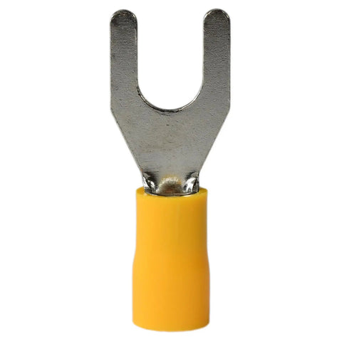 Single insulated fork spade crimp connector, tin plated copper, yellow insulation for 12-10 AWG wires, control panels, high current 600V 48A.