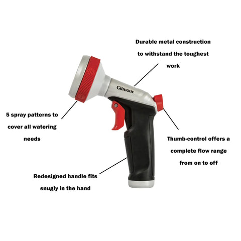 Heavy Duty Garden Hose Nozzle With Five Adjustable Spray Patterns For Lawn And Garden Jet Shower Mist Sweep Fill Thumb Trigger Control Durable Metal Construction Ergonomic Grip Built Tough For Everyday Watering