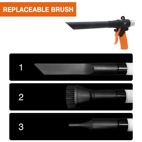 Dual Function Air Vacuum And Blow Gun with replaceable brush and pro-grade nozzle attachments for dust cleanup, 2 in 1 tool