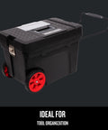 Rolling Tool Box With Wheels Lockable Latch Heavy Duty Plastic 15.2 Inch Includes Removable Organizer And Tray Extra Large Rubber Wheels For All Terrain On The Go Tool And Parts Storage