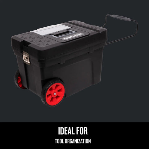 Rolling Tool Box With Wheels Lockable Latch Heavy Duty Plastic 15.2 Inch Includes Removable Organizer And Tray Extra Large Rubber Wheels For All Terrain On The Go Tool And Parts Storage