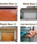 Wooden, metal, and plastic garage doors with a hand using an electric drill; Metal Garage Door Decorative Hardware Hinges Carriage House Accents Screw Mounted 6 Piece Set Black Braided Style Durable Steel Construction Anti Corrosion Finish For Stylish Long Lasting Curb Appeal