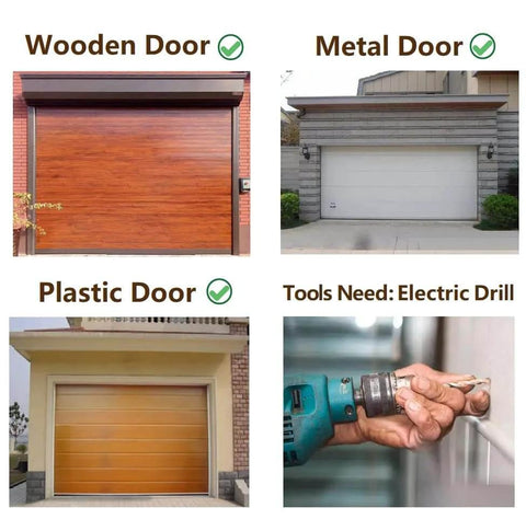 Wooden, metal, and plastic garage doors with a hand using an electric drill; Metal Garage Door Decorative Hardware Hinges Carriage House Accents Screw Mounted 6 Piece Set Black Braided Style Durable Steel Construction Anti Corrosion Finish For Stylish Long Lasting Curb Appeal