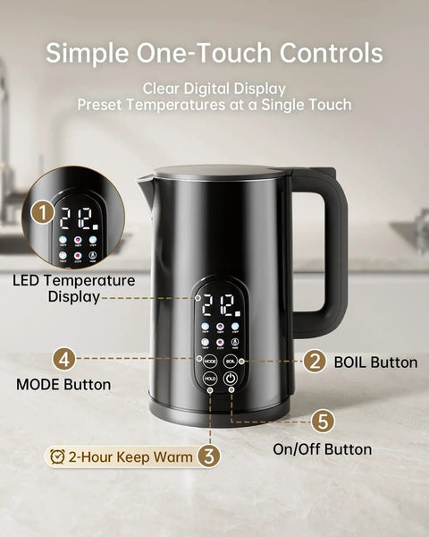 Cordless Electric Kettle With Temperature Control, 1.7L Stainless Steel Hot Water Kettle in black with digital display and buttons