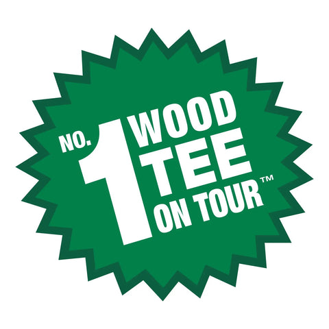 Green starburst design with text reading 'No. 1 Wood Tee on Tour.' Deluxe Wooden Golf Tees 500 Count Two And Three Quarters Inch White Durable Natural Hardwood Tees For Drivers And Woods Built For Distance And Accuracy Tour Pro Grade Long Lasting Performance On Every Tee.