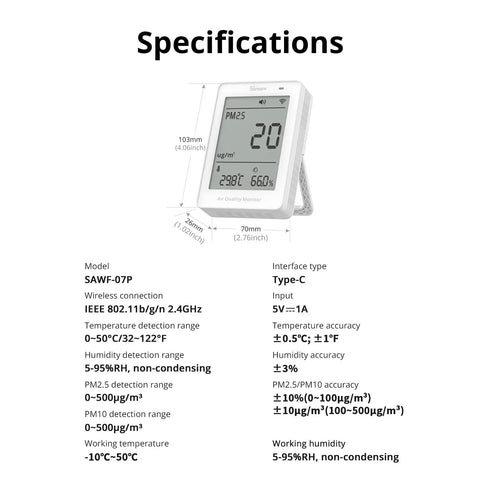 Smart Indoor Air Quality Monitor With PM2.5 PM10 Temperature And Humidity Sensor Real Time Display And Alerts Matter Compatible 2.4GHz WiFi 3.73 Inch Screen Ideal For Bedroom And Nursery, 103mm white device