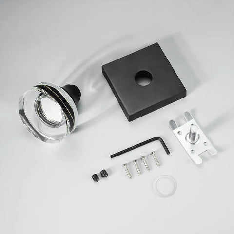 Components of 2 Pack Matte Black Dummy Door Knobs With Crystal Glass Knobs and heavy duty zinc alloy hardware.