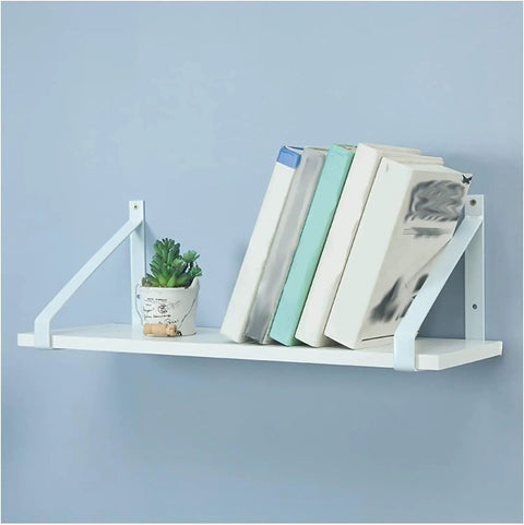 Legit Heavy Duty Metal Corner Brackets For Walls, 11.8 inch shelf with books and a plant in vintage white finish.