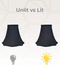 Black Fancy Square Bell Lamp Shade 5 X 12 X 9 Point 75 With Hand Tailored Silk Type Shantung Fabric And Softback Lining shown unlit and lit.