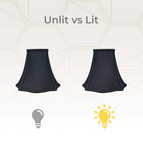 Black Fancy Square Bell Lamp Shade 5 X 12 X 9 Point 75 With Hand Tailored Silk Type Shantung Fabric And Softback Lining shown unlit and lit.