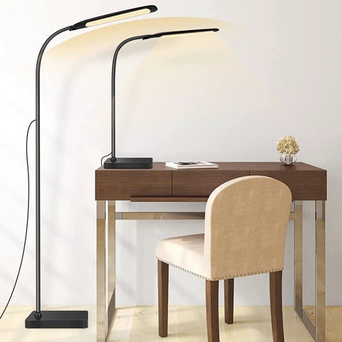 2 In 1 LED Floor Lamp With 3 Color Temperatures And Stepless Dimming next to a desk, showing adjustable height and detachable rod