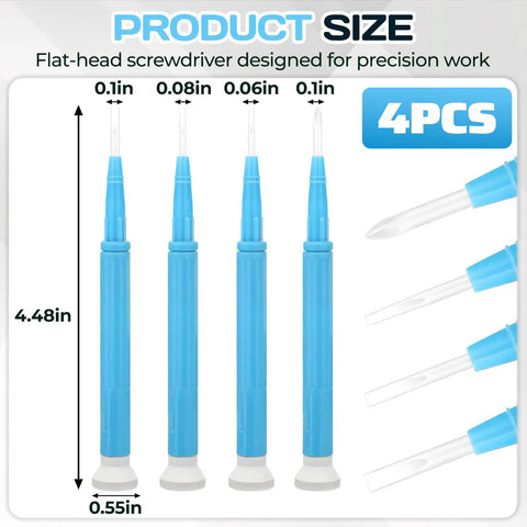 Pro Grade Precision Screwdriver Set Four Piece Ceramic Handle Tools Slotted Flat Tips Non Conductive For Electronics Watch Repair Circuit Adjustment Dead Nuts Secure Fit Guaranteed, four flat-head screwdrivers with measurements.