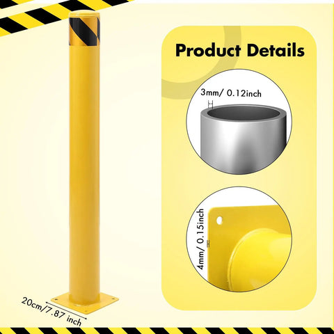 Four Pack Of 48 Inch Removable Steel Safety Bollards Built Like A Tank For Forklift Protection And Parking Barrier Security With Bright Yellow High Vis Stripes And No Sweat Setup, showcasing top detail and dimensions.