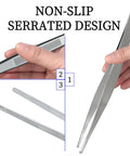 Three Piece Stainless Steel Tweezer Set Great For Precision Work And Delicate Tasks Like Electronics Jewelry Crafting 8 Inch 10 Inch 12 Inch With Durable Non Slip Grip And Easy To Control; stainless steel tweezers with serrated grip