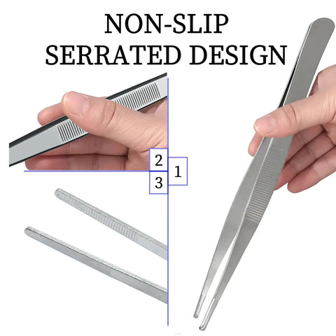 Three Piece Stainless Steel Tweezer Set Great For Precision Work And Delicate Tasks Like Electronics Jewelry Crafting 8 Inch 10 Inch 12 Inch With Durable Non Slip Grip And Easy To Control; stainless steel tweezers with serrated grip