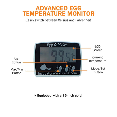 Egg Temperature Monitor With Large Digital Display For Inside Egg Readout Min Max Memory Celsius And Fahrenheit Precise Hatching Thermometer For Incubators Easy To Read Egg Gauge For DIY Hatchers showing LCD screen and buttons.