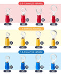 210Pcs Insulated Ring Terminals Kit For 22 16GA To 12 10AWG Wires, Eyelet Sizes 8 and 10, in red, blue, yellow color.