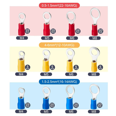 210Pcs Insulated Ring Terminals Kit For 22 16GA To 12 10AWG Wires, Eyelet Sizes 8 and 10, in red, blue, yellow color.