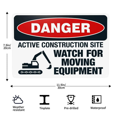 Construction Site Moving Equipment Warning Sign 8 By 12 Inches Aluminum Safety Notice For Garage Street Renovation And Heavy Machinery Caution With Bold Readable Message For Day And Night Use Stay Safe On The Job, displaying 'DANGER' with excavator icon.