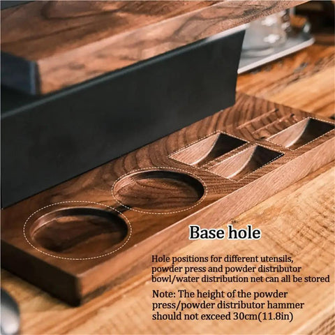 Top Shelf Solid Wood And Carbon Steel Single Dose Coffee Bean Storage Rack With One Way Vent Valve Keeps Your Daily Grind Locked And Loaded For Your Ultimate Espresso Coffee Bar Setup And Sip Sessions, featuring utensil holes and details.