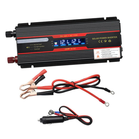 Heavy Duty Car Power Inverter With Led Digital Display And Us Plug For Vehicle And Home Use Aluminum Alloy Shell, includes cables.