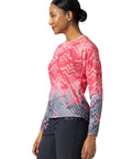 Side view of Vista Long Sleeve Women Cycling Jersey For Mountain Biking And Gravel Riding, Red Rocks color, Large size